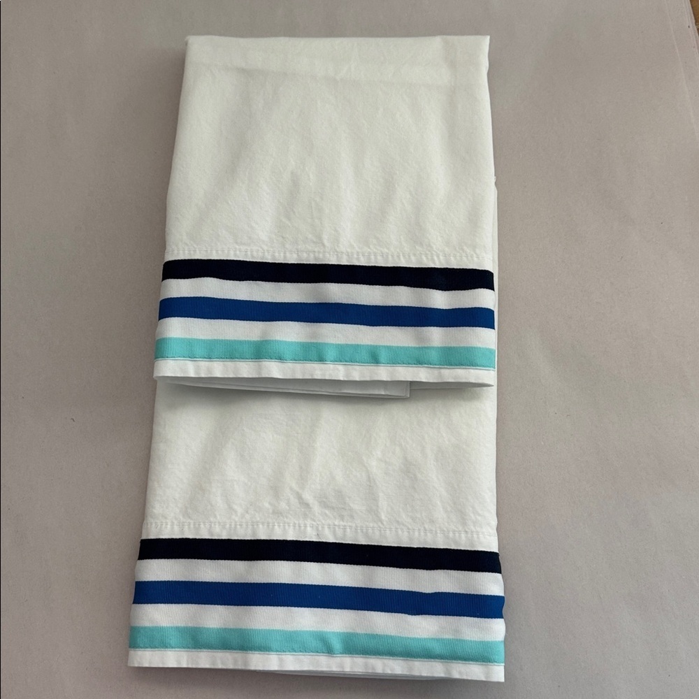 2 Pottery Barn Teen blue striped pillow cases Standard size Beach coastal Cotton